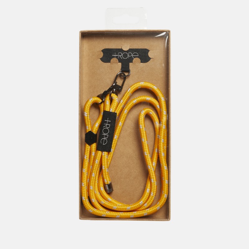 Portacellulare da collo in cotone color giallo con moschettoni e finiture metalliche